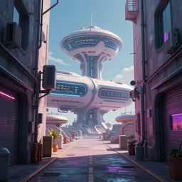 a beautiful and immaculate futuristic spaceport. view from an alleyway. vaporwave ombre rendering. outrun style. trending on artstation. recommended for you behance. by col price. by chris moore. by beeple.