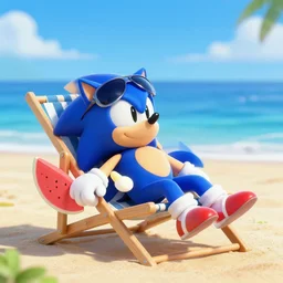 sonic relaxing by the beach laying on a beach chair with sunglasses on, full body shot, portrait, fantasy, beautiful face, vivid colors, elegant, concept art, sharp focus, digital art, Hyper-realistic, 4K, Unreal Engine, Highly Detailed, HD, Dramatic Lighting by Brom, trending on Artstation