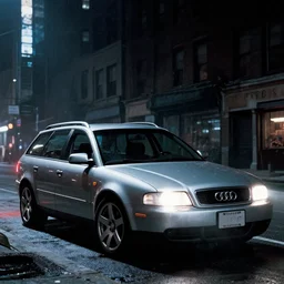 Audi A4 B6 Avant (2002), a gritty neo-noir, Max Payne (PC) (2001) winter new york at night, dramatic bright lighting, cinematic, establishing shot, extremely high detail, photorealistic, cinematic lighting, artstation, by simon stalenhag, dark night, bright lights, eldritch horror