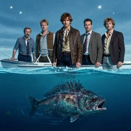 style of gerald brom, charlie bowater, steve niles, split shot, split water shot, underwater fishy seacreature lurking, above water man on boat, evening stars