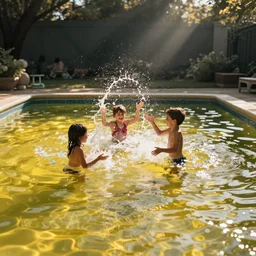 swimming pool with yellow water, family splashing in water