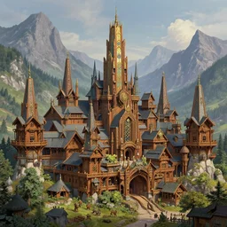 hyperdetailed wood elf city in the mountains | wood elf architecture | art deco | monumental |photorealistic | hyper detailed | volumetric lighting | thomas kinkade