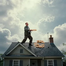 walter white throwing a pizza onto the roof of a house, film still, wide shot, beautiful, ethereal, mythical