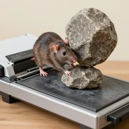 a risograph of a rat trying to lift a rock