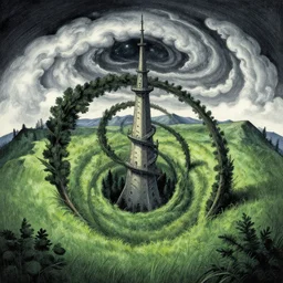 a tower, trees, nightly, spiral, naive nerikomi, weird perspective, extra narrow, detailed illustration by moebius and james jean, scenic spiral environment by rhads, trending artstation, true color, fisheye, grass field mountainous terrain, spiral clouds