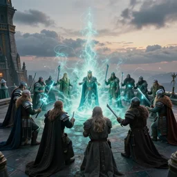 35mm fantasy action film still frame portraying a wide shot atop the Elf Palace rooftop terrace where The Council of Elves are granting magical defensive spell protection to the Dwarf warriors, the Elf magic is casting a visible blue green electric aura around the group of Dwarves, the light glinting off their armor and weaponry. Perfect clouds at dusk. Cinematic film still. 35mm. Action. High shutter speed. Color Graded. Award winning.