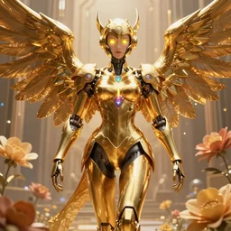 maria of metropolis, humanoid robot, golden full body armor, wide open wings, beautiful helmet in the shape of a face, glowing yellow eyes, scifi, glowwave, background made of giant flowers, futuristic, raytracing, cinematic lighting, artstation, divine, unreal engine 5 rendered, art style by pixar warner bros dreamworks disney and kazuya takahashi