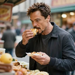 tony stark stealing food from the market to eat outside, 8K, high detail, high resolution