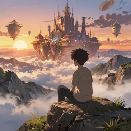 isekai masterpiece anime boy sitting on a rock off to the side looking down upon fantasy floating sky town, during dawn, cinematic, very warm colors, intense shadows, anime illustration, rapid mountains, anime screenshot composite background