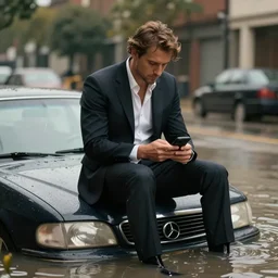 A photo of a man in suit sitting on the top of a car in a flooded street, looking at his phone