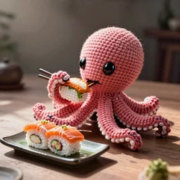 a crochet octopus that is eating sushi, crochet octopus eating sushi, eating sushi, photo realistic, indoor lighting