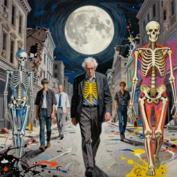 decollage painting old man walking through the streets of ruined city under the huge moon with a skeleton shining through his chest by adrian ghenie and takato yamamoto and edward hopper and mark ryden and tsutomu nihei, part by bridget riley, acrylic pour and splashing paint, very coherent, baroque elements, perfect anatomy, intricate design. pop art.