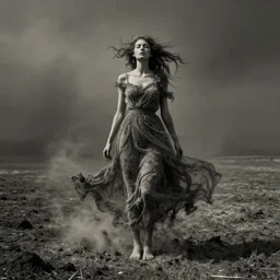 slenderman, tan by elliott erwitt, by martin wittfooth aesthetic, highly detailed. a land art of a woman standing in a field of ashes, her dress billowing in the wind. her hair is wild & her eyes are closed, in a trance - like state. dark & atmospheric, ashes seem to be alive, swirling around.