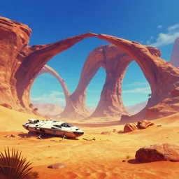 desert landscape with arch formations and a wrecked spaceship, colorful, vibrant, sci - fi concept art, in the style of no man's sky