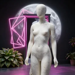 beautiful marble sculpture of a mannequin by billelis + lit with 3 d geometric neon + moon in background!, facing a doorway opening with neon pink geometric light + hosta flowers!!, award winning, clean linework, dramatic, finely detailed, 4 k, trending on artstation, photorealistic, volumetric lighting, octane render