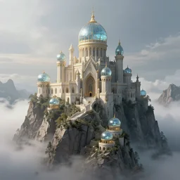 Matte painting Landscape. Elaborate elegant castle built on top of a tall angular peak. Fog, dynamic lighting, glass domes. Detailed, intricate, HD, 8k, elaborate, detailed digital art trending in artstation