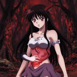 aqua from konosuba, worms coming out of her stomach, lovecraftian horror, red and black color palette, dark forest in the background, in the style of wlop