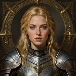 head-on centered symmetrical painted portrait, Elisha Cuthbert as a paladin, blonde hair, Squire RPG armour, dramatic lighting, intricate, fantasy, intricate, elegant, highly detailed, digital painting, smooth, sharp focus, illustration, dramatic lighting, artstation, in the style of Artgerm and Anna Podedworna