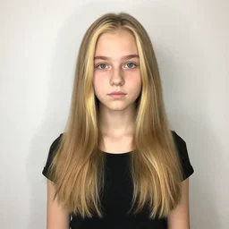 brunette with dyed blonde hair, 18 years old, 155 cm tall, long flat hair, blonde, green big eyes, small nose, small mouth, round shaped face, big forehead, lop eared, full body shot, thin eyebrows, real life photograph