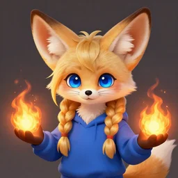 furry art of a small fennec fox character with long braided blond hair and holding fireballs in his hands and wearing a blue sweatshirt, digital painting, detailed, cute, big bright blue iris eyes, high resolution, trending on furaffinity