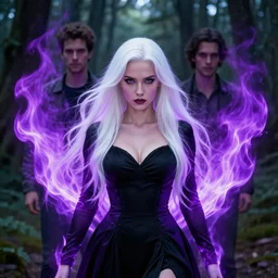 style artgerm, joshua middleton, gerald brom, beautiful kristen bell with black dress, very long white hair, symmetrical face, symmetrical eyes, purple fire powers fire swirling, detailed, forest setting, cinematic lighting