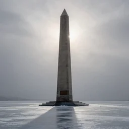 a large obelisk on a flat plain of ice. grainy, overcast sky, snowing.