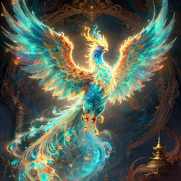 poster style, a beautiful and amaziong painting with high details of cyan magic fire phoenix with openning wings kodachrome 2 d 3 d ray tracing global illumination insanely detailed and intricate, hypermaximalist, elegant, ornate, movie atmosphere, movie lights, 8 k, light effect, rtx on, trending on artstation, by kilian eng, greg rutkowski, bastien lecouffe - deharme