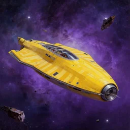 Near a hull of a sleek yellow striped space-ship designed by syd mead. Floating in outerspace among the debris in a purple nebula. Glinting starlight. Space sci-fi spaceopera. Establishing shot. Octane render. Unreal Engine. 4k. 8k. cgsociety. Masterpiece Art by world famous artist demo. Matte painting. Oil on canvas. Digital art. Fantastic intriguing mysterious lighting. Glorious. Trending on artstation. Visions. Visionary. Immensity.