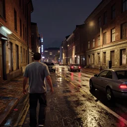 wet helsinki street at night, in the style of grand theft auto gameplay