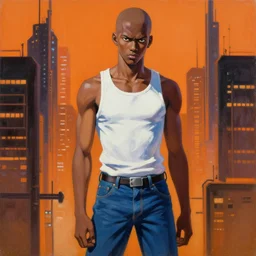 oil painting, yoji shinakawa, studio gainax, bald male african-american teen stands in an orange cyberpunk city, white tank-top, blue jeans, badass