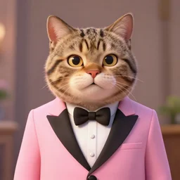 portrait of a tabby ,wearing a pink tuxedo,Pixar style
