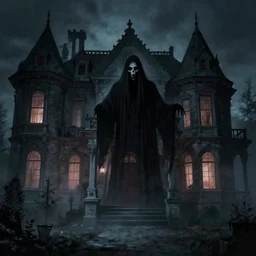 A ghastly wraith haunts its mansion, shadows, matte painting, close angle