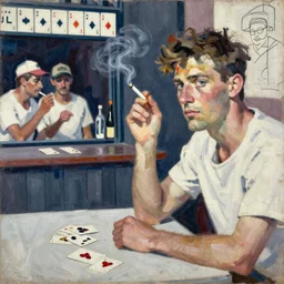 oil painting in the style of john craxton sailors in the shadows of a pub. playing cards. brush marks. strong lighting. single flower. holding cigarettes. smokey bar. seated figure hands on table. eye. strong expressions on faces. cheekbones. in the style of ivon hitchins line drawing on painting,