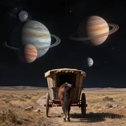 a view of the planets in space from the back of a medieval horse - drawn cart, digital art, extreme detail