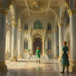 orientalist painting of hyrule palace interior, legend of zelda, by jean - leon gerome and otto pilny and adrien henri tanoux and giulio rosati. cinematic, hyper realism, dramatic lighting, high detail 8 k