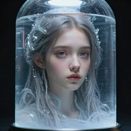 a young, slender girl in cryocapsule container, freezing, hyperrealistic face, beautiful eyes, fantasy art, in the style of greg rutkowski, intricate, hyperdetalized, smooth, cyberpunk, tech