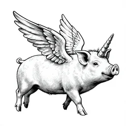 winged flying pig with unicorn horn, richard corben style, black and white, stipple