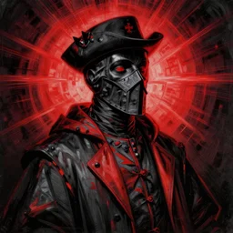 etching of a plague doctor, black and red