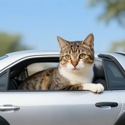 a cat in the car, creative photo manipulation