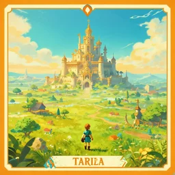 a beautiful digital matte painting of a verdant fantasy countryside, breath of the wild, hyrule, inspired by cyril rolando, david wiesner, many golden layers, orange color tone, very far royal steampunk castle, cgsociety, tarot card, trending on artstation, azure sky