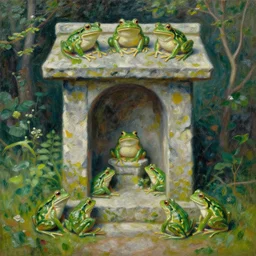 beautiful impressionist painting of a stone shrine made by frogs, frogs about