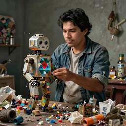 a realistic photo of a latin american recycler making a robot with materials of the retro garbage left by people from their daily consumption, dystopic and utopic conceptual art