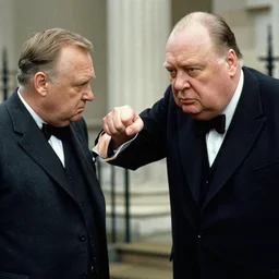 Modern photograph of Bruce Willis punching Winston Churchill