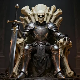 Skeleton King sitting on a bone throne holding a giant dark sword, plate armor, hyperrealism, fantasy, dramatic lighting, 8k, high quality, high detail, trending on Artstation