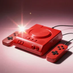 vintage analog product photography of a game console, two controllers, bright red, studio lighting, film grain, lensflare, color bleed, glare