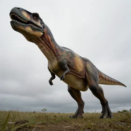 a dinosaur with human arm muscles, photorealistic, wide angle lens, 1 5 mm, overcast lighting
