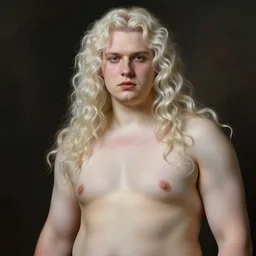 portrait of a young androgynous johan liebert mixed with Dante with long curly platinum blond hair by peter Paul rubens and Norman Rockwell, big beefy chunky strong fat build, very very very very pale white skin platinum blond hair
