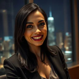 a portrait photograph of a smug woman executive with vampire fangs in a business dress in a board room, black hair, dof, low light, cold eyes, pale, highly detailed face, night skyline outside window in background, 4 k, cinestill 8 0 0 t, exif, photography by andreas franke