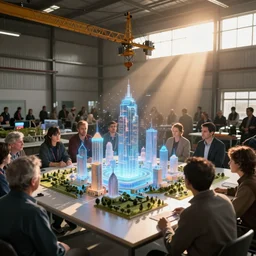 large group people in a warehouse, looking at hologram of futuristic city on a table, cinematic concept art, godrays, golden hour, natural sunlight, 4 k, clear details, tabletop model buildings, tabletop model, hologram center, crane shot, crane shot, crane shot
