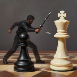 a photorealistic digital painting of a human black chess pawn attacking a human white chess king with a spear. trending on artstation.